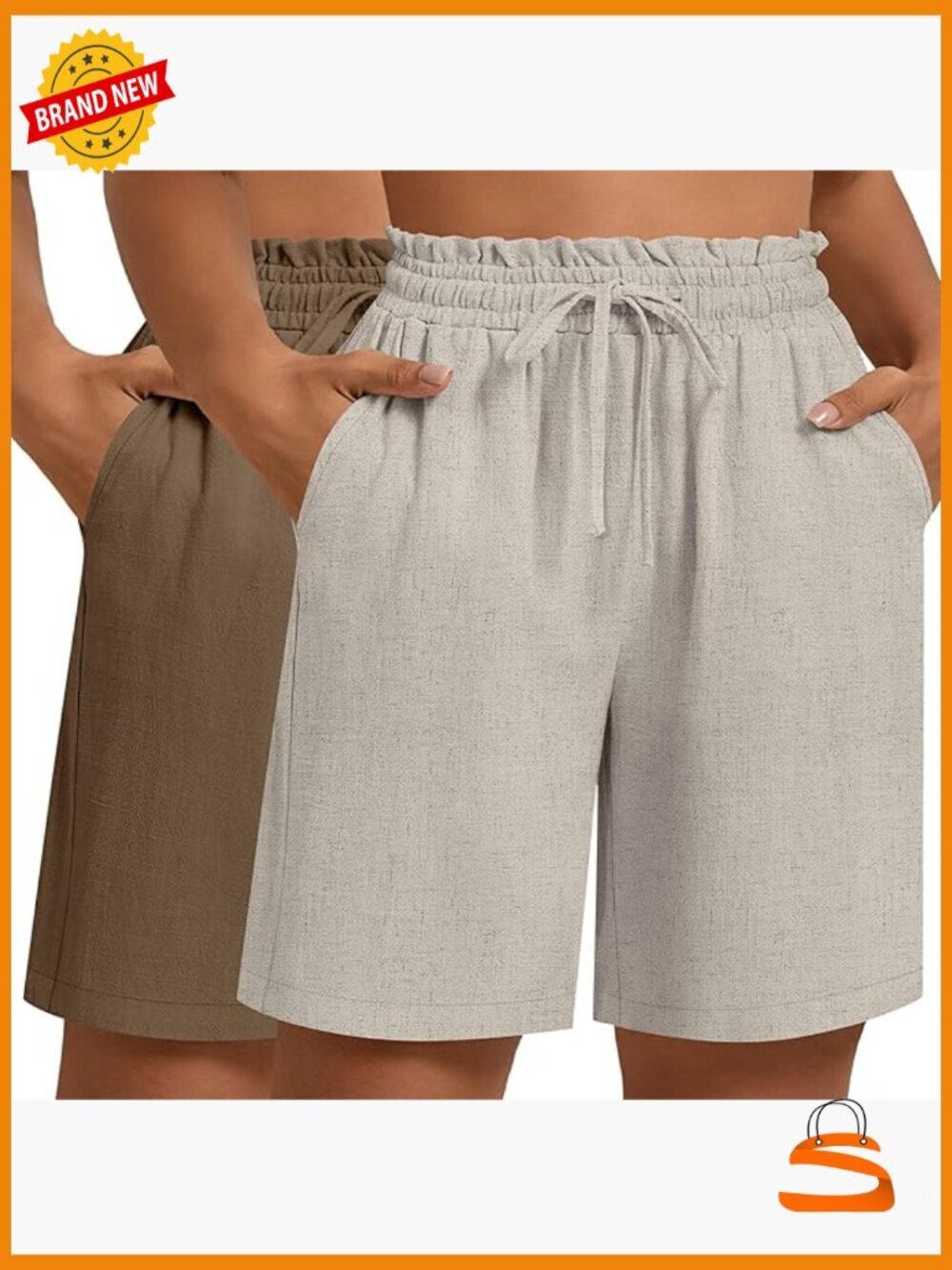 Plus Size Linen Bermuda Shorts for Women High Waisted Drawstring with Pockets 2